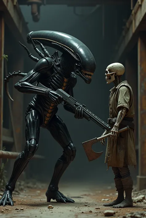 A Xenomorph with a shotgun pointed at a skeleton with a rusty machete