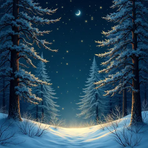 Canvas design, patterns featuring a winter forest scene with detailed trees, snow-covered branches and sparkling golden stars in the sky, high contrast between the dark background and the white snow, ultra-sharp details, 300 DPI resolution, vivid colors, c...