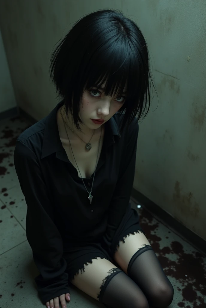 gothic girl, black hair, short hair, hair covering eyes, black shirt, torn shirt, black stockings, torn stockings, black shoes, cute face, expressionless low lighting, black stains on the floor