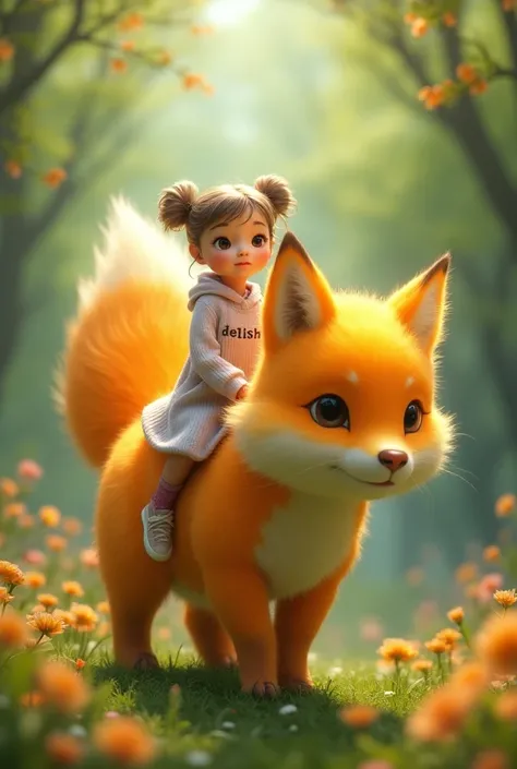 a beautiful little spacebuns  with a gradient sweater that says "DELISHA" is riding a giant orange fox with round eyes, its fur is yellowish white and shiny, has nine tails and shines brightly showing off its blooming tail. the background of green trees an...