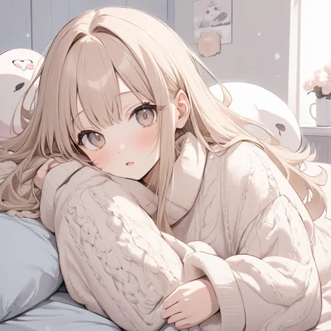 Master piece, high resolution, 1girl, lazy girl, fluffy long beige hair, beige eyes, fluffy knit room wear, 1 mug cup, hot milk, bedroom, lying, pale color, kawaii, 90’s, pink, orca cussion, noon, have a cold, 