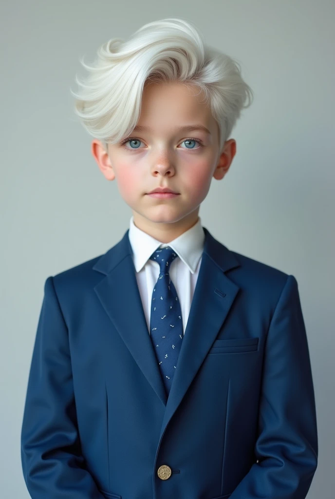 15-Year-Old Boy ,  white skin .  Large white hair down the sides,  light blue eyes  , 1,65 tall, Standing photo,  Blue Luxury Suit And Tie , Very handsome boy,  realistic photo , Perfect shoulders 