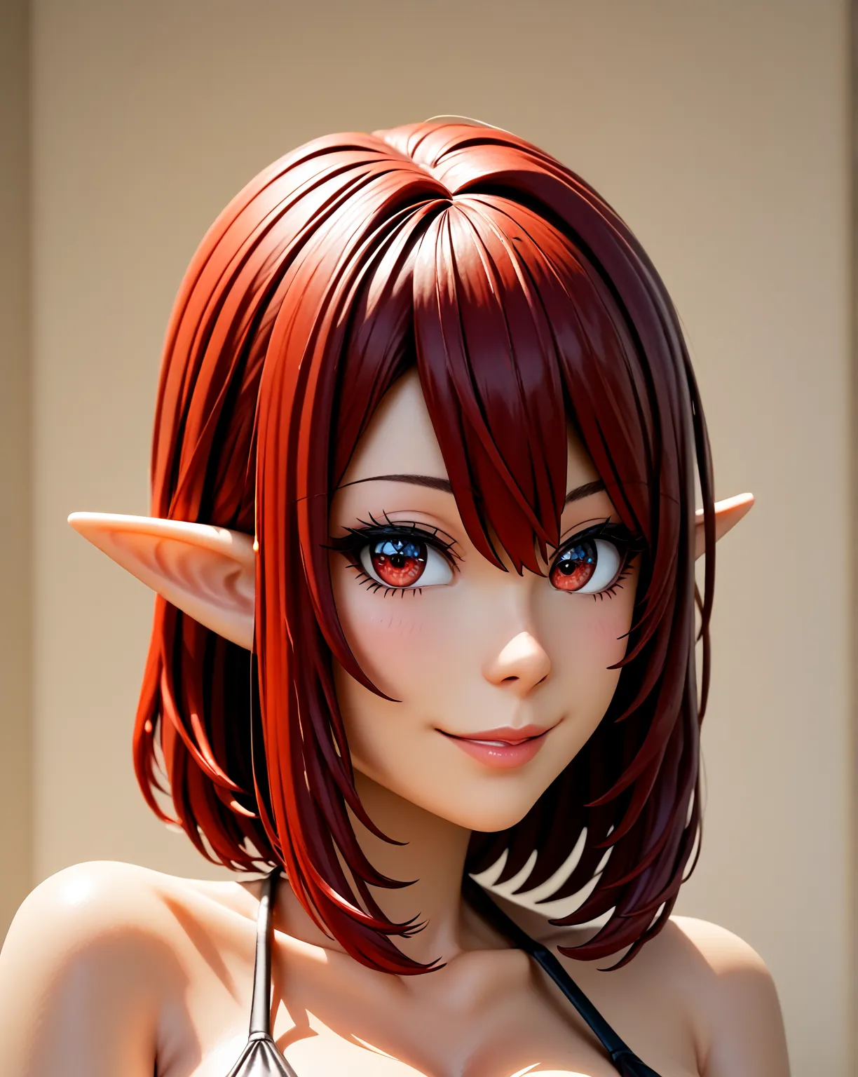 full-length, (((1girl, solo))), elf, elf ears, (cute face), (focusing on face), (Ideal body proportions), ((Composition from head to thigh)), black bikini suit, Drenched shortcut blond hair, (scarlet clear red eyes, tsurime), The erection, Carmelto, Sexy b...