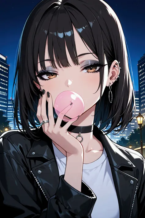 1girl, general, solo, night, faint light, looking at viewer, upper body, 1girl, solo, black hair, brown eyes, medium hair, half-closed eyes, eyeshadow, black lips, ear piercing, industrial piercing, black jacket, white shirt, black choker, black nail, silv...