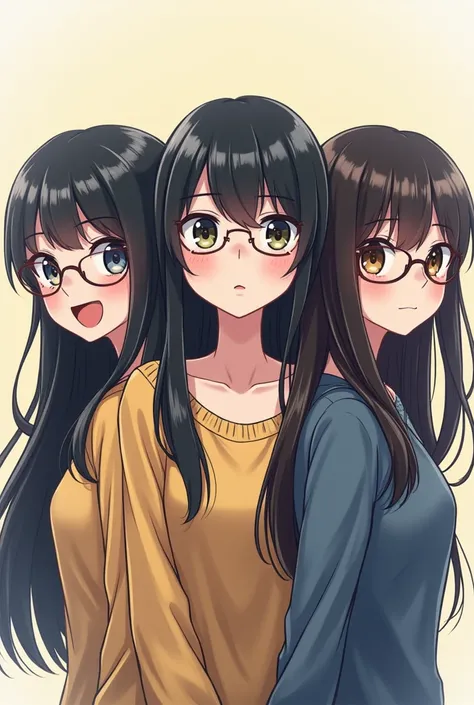 You can create images to share profile picture 3 anime friends long hair  , (with glasses ) y un cabello un poco largo pero no  e igual with glasses a y el cabello de las tres es color negro en el siguiente orden en el medio va la de cabello largo a la der...