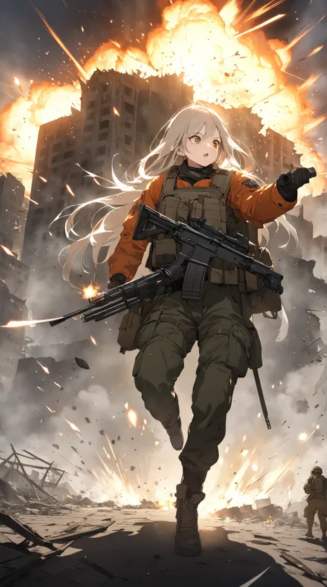 1 girl,  cute face,  Resolute Expression ,  long hair, to many hairstyle, Combat Uniform,  medium breasts,  Directing Bombardment , break,  While Sparks Are Scattering, ( bright light:1.2),  Moment of Explosion ,  tense atmosphere , break,  Battlefield Sce...