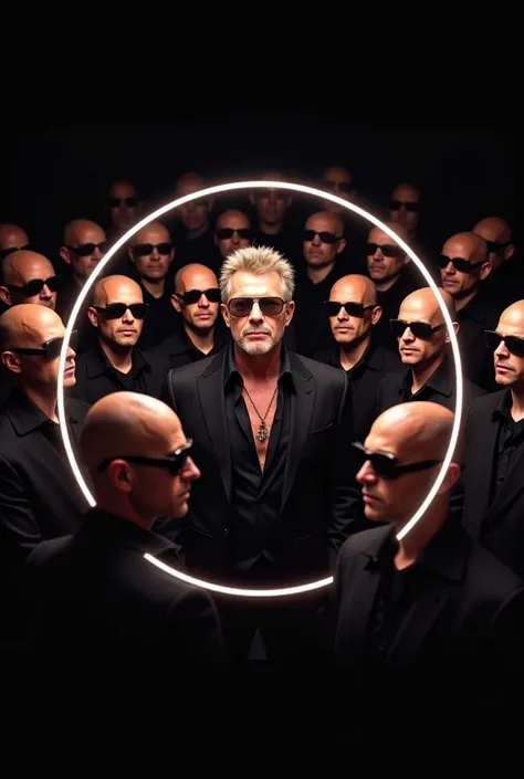 A large group of clones of the singer Pitbull with sunglasses surrounding a frightened Bon Jovi in a circle,  in a circle with a black background and a light illuminating Bon Jovi that is in the center of the image.