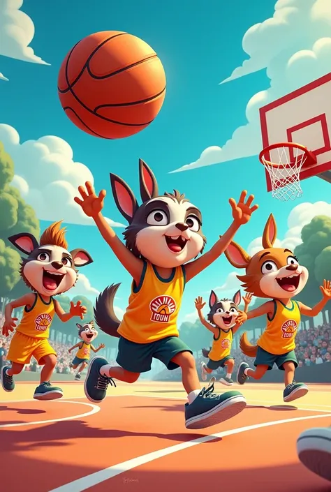 Cartoons playing basketball wearing a uniform that says Santa Ana Town 