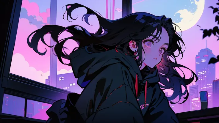 80s anime style, alone, beautiful woman with long, straight black hair, adult, modern, trendy clothing, wearing a hoodie, nighttime Tokyo, by a window, calm atmosphere, moonlight, Tokyo, anime, emotional, modern style, trendy, dark mood, night, midnight, m...