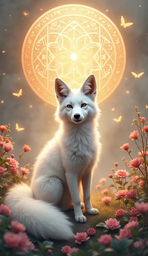 Create an image of a mystical fox spirit with nine beautiful white tails. The background should have a mystical and divine atmosphere with geometric patterns, symbolizing good fortune. The scene is set in spring, with flowers and butterflies symbolizing lo...