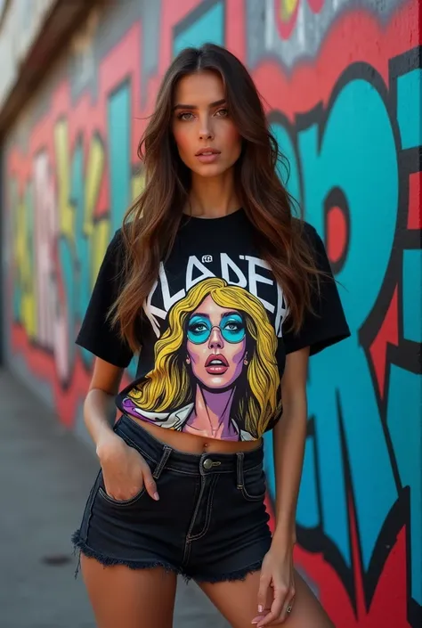 Generate an image of a female fashion model wearing an oversized graphic t-shirt with bold colors, paired with high-waisted biker shorts, standing in front of a graffiti wall with klader logo a realistic photo