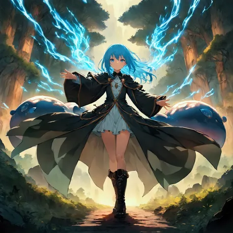 1. Teenagers, rimuru tempest,Create an image of  rimuru tempest from the manga and anime That Time I Got Reincarnated as a Slime.  Rimuru has blue hair and blue eyes ,  Often depicted in stylish costumes ,  Black coats and boots .  Please show a friendly a...