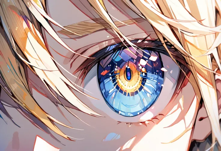 Watercolor colorful,2eyes,blue eyes,eyes closeup,detailed eyes,blonde bangs,borutos eyes closeup,very close,boys eyes