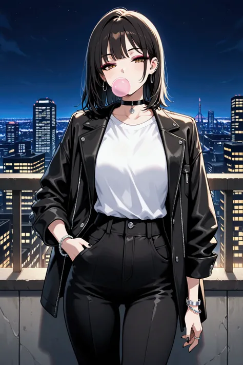 1girl, general, solo, night, night city, 1girl, solo, black hair, brown eyes, medium hair, half-closed eyes, eyeshadow, black lips, black jacket, white shirt, layerd clothes, black pants, ear piercing, industrial piercing, black choker, black nails, silver...