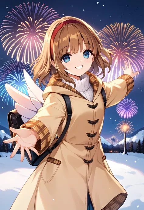 Girl, brown hair, semi-ring hair, red headband, duffle coat, winged backpack, snowy night, holding hand-held fireworks, beautiful fireworks, smiling face, arms outstretched,