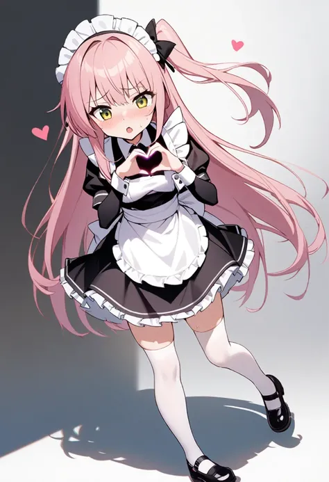 1 Girl, apron, bow, cube Headdress, skirt, frills, Chou Yun  (Express), Headdress, Heart, Heart hands, Long hair, Looking aside , maid, maid apron, maid headskirt, 玛丽珍shoe, One side up,  with pink hair , Shadow Side, shoe, short skirt,  alone, Sweat beads,...