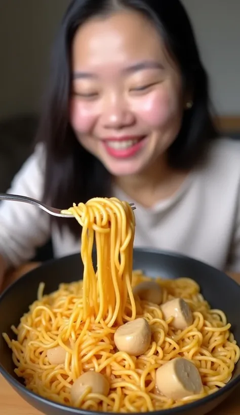 Chinese woman eating tofu with a fork and a pot, cooking show, mukbang, eats pasta all the time, low quality video, cooking, eating noodles, 🚀🌈🤩, eating spaghetti from a bowl, ❤🔥🍄🌪, eating ramen, throwing spaghetti and meatballs, chilaquiles, mac and chees...