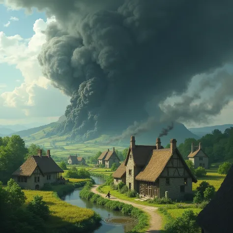 "A peaceful ancient village with traditional houses surrounded by fields, overshadowed by a looming dark cloud symbolizing the terror of a demon lurking nearby."