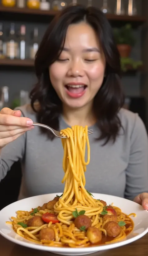 Chinese woman eating tofu with a fork and a pot, cooking show, mukbang, eats pasta all the time, low quality video, cooking, eating noodles, 🚀🌈🤩, eating spaghetti from a bowl, ❤🔥🍄🌪, eating ramen, throwing spaghetti and meatballs, chilaquiles, mac and chees...