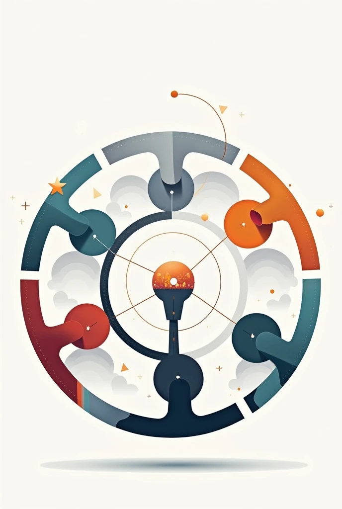  Draw a circle containing icons from different disciplines (until, Design,  architecture ) interconnected , symbolizing collaboration in an abstract way  