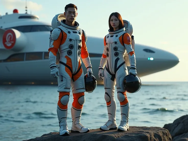 "A hyper-realistic, 4K, 8K, high-resolution masterpiece portrait of a handsome American astronaut standing in front of a young Chinese female astronaut. in middle of a ocean on a rock, Both wear intricately designed futuristic space suits, different colour...