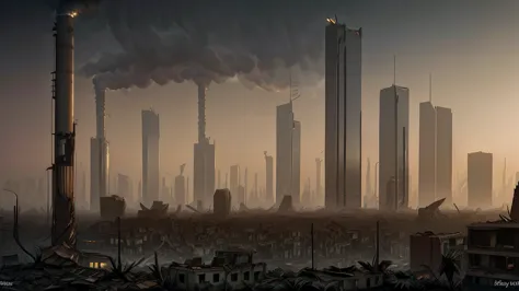 "a futuristic city in decay, skyscrapers partially collapsed, streets covered in dead plants, smoke-filled sky, dark and pollute...