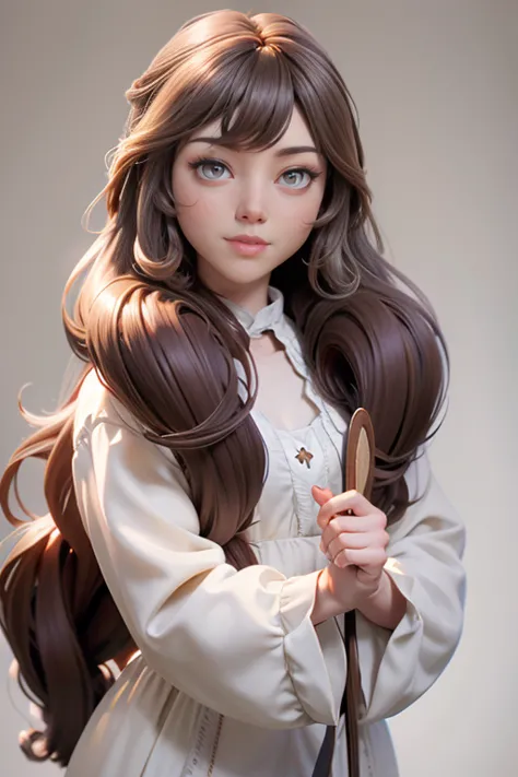 medieval girl ,  long hair,  color honey brown with bangs and half-curled ends, grey eyes,  expression of happiness ,  natural l...