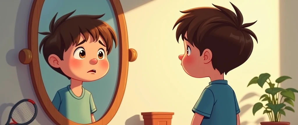 Calcium light   
" Lucas,   a plump boy   ,    looks in the mirror    ,     this time with pride    .    He is a boy    ,    with short brown hair and a round face   ,     but now his expression is different    , Softer,    plus positive    .     Notice th...