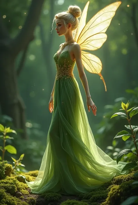 Create a fairy illustration animation,  She stands out on the stage as an enchanting and enigmatic figure .  Her posture is elegant and firm ,  radiating a supernatural tranquility that borders on the disconcerting .  The green and gold dress perfectly mol...