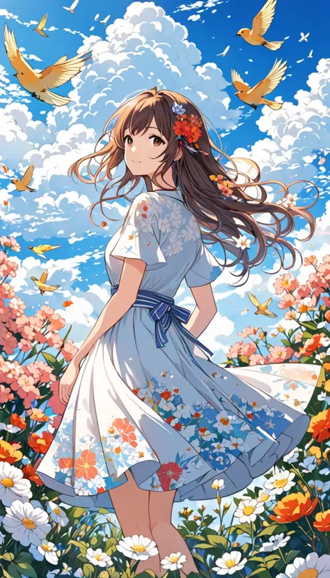 masterpiece, illustration, anime, 1girl, floral, cloud, bird, flow