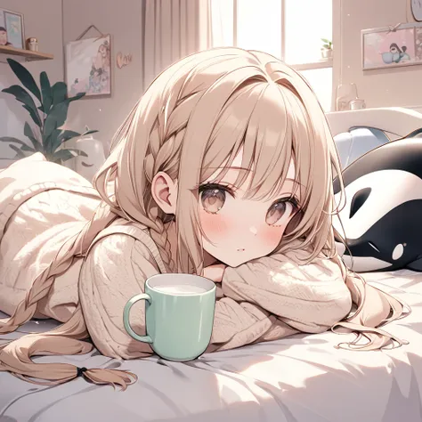 Master piece, high resolution, 1girl, lazy girl, fluffy long beige hair, Loose braids hair, beige eyes, fluffy knit room wear, 1 mug cup, hot milk, bedroom, lying, pale color, kawaii, 90’s, pink, orca cussion, noon, have a cold, a lot of ribbon,