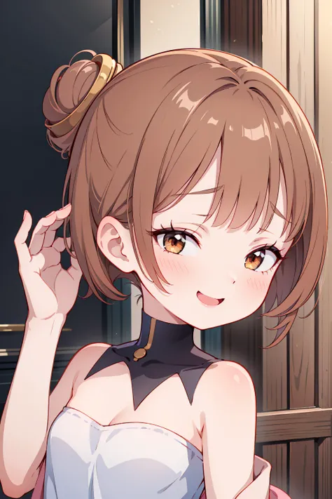 ((masterpiece, highest quality, very detailed)),  1 girl, teen, naughty little sister, brunette in a back bun, brown eyes, pale skin, stand, upper body, grining mischief 