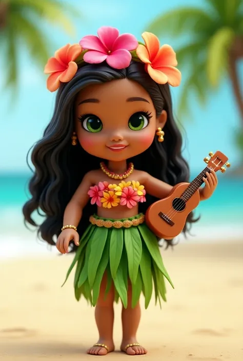 5. "Hawaiian doll "
 An adorable doll with tanned skin ,  with bright green eyes and long wavy hair adorned with a crown of hibiscus flowers in shades of fuchsia and orange.  She wears a hula skirt made of green leaves and a colorful flower top .  The back...