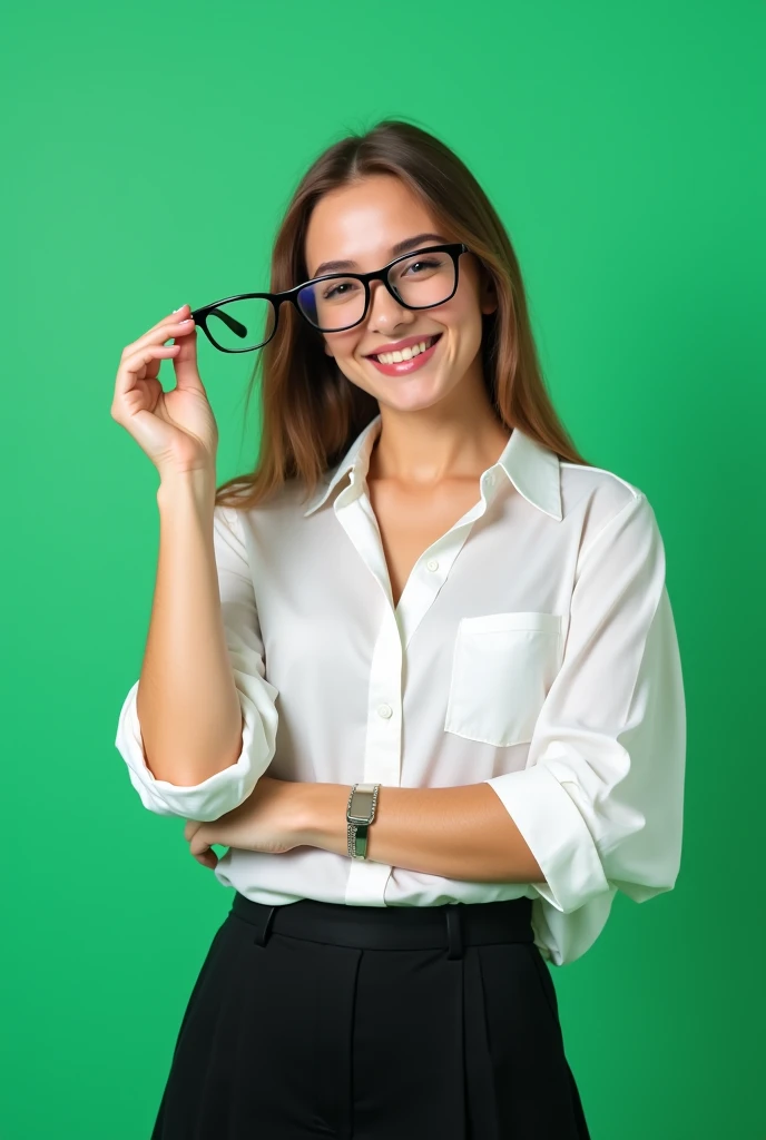 white woman, 20 years, wearing glasses , smiling, holding the glasses with the right hand, white blouse, Black skirt,  solid green image background.