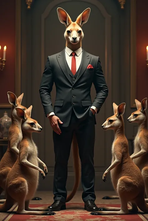  Images of a male kangaroo dressed in elegance with suits that look robust, respectable , admirable and conquering many female kangaroos kneeling at him

