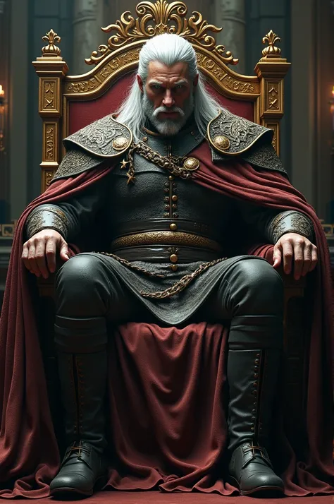  Use the image of Henry Cavil in The Witcher to generate an image of this character, dressed as a king ,  tied to a throne  