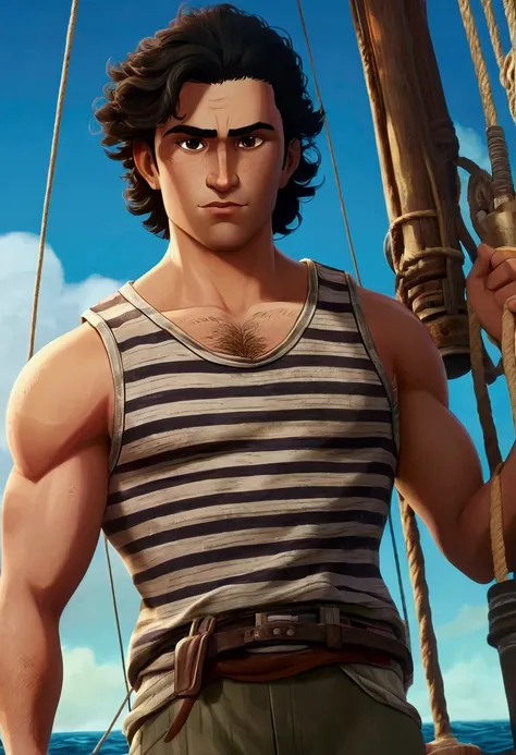 an animated poster of a young fisherman, male, wearing a striped tank-top and breeches, stout, stocky physique, deep brown eyes,...