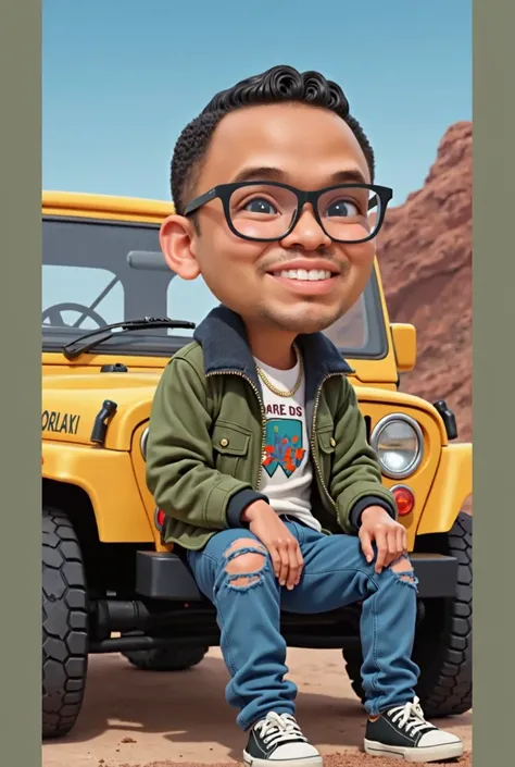 MANGA STYLE, acrylic paint w/sand texture style pixar style cartoon exaggerated ((caricature (((big head))))) of a mischievous-looking attractive, ((neat eyes perfect)), glasses, full body shot ((head to shoes view)), buzz cut curly boy ((sitting on a Jeep...