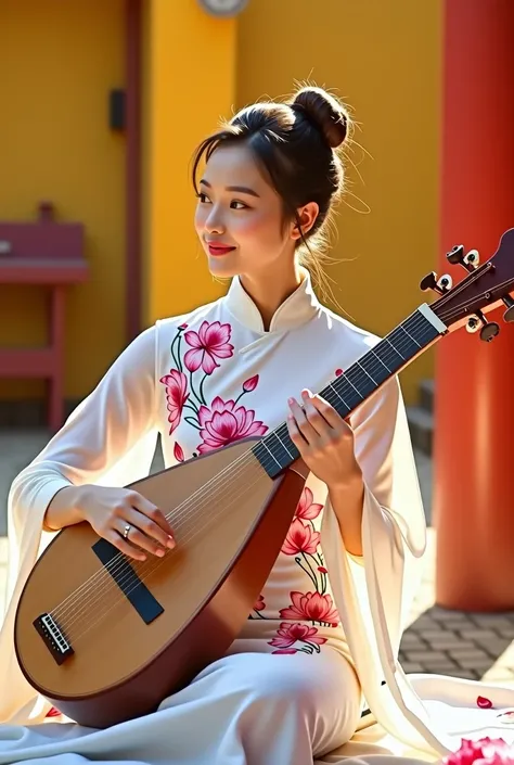 The image is a stylized and colorful photograph, showing the woman sitting on the ground playing the 16-String Zither - Traditional Vietnamese Musical Instrument. She placed against a bright, warm background to highlight her presence. She wore white tradit...