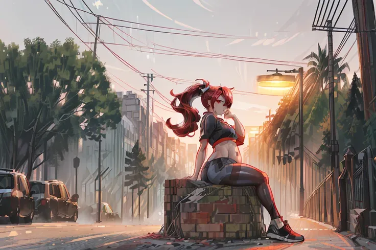 1girl,( side view , Characters are located in the distance:1.5),(Sitting at an angle on the stairs at the bottom left of the screen:1.5),(urban lonely street background, Streetlight,  dark night , moonshine:1.5),(City background,  Sports Jacket , Crop Tee,...