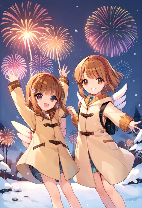 Masterpiece,best quality,Kanon,Tsukimitsu Ayu,Girl, brown hair, semi-ring hair, red headband, duffle coat, winged backpack, snowy night, holding hand-held fireworks, beautiful fireworks, smiling face, arms outstretched,