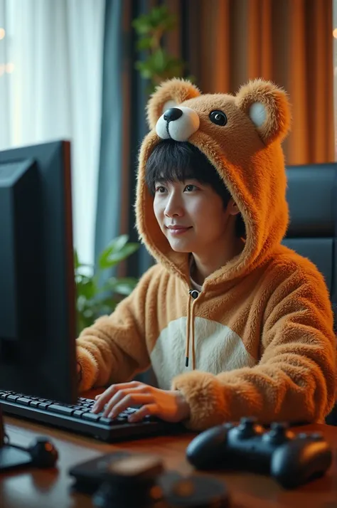 Korean man wearing a bear costume playing a computer game