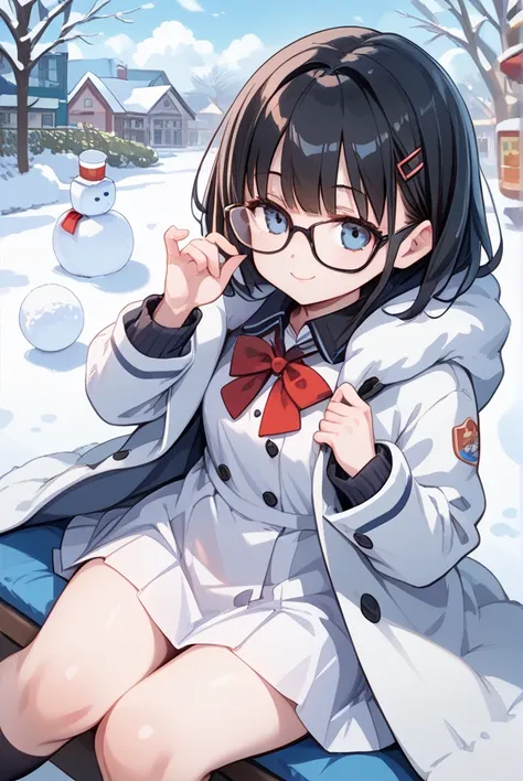 Black hair, glasses, Japanese high school girl, duffle coat, snowman,