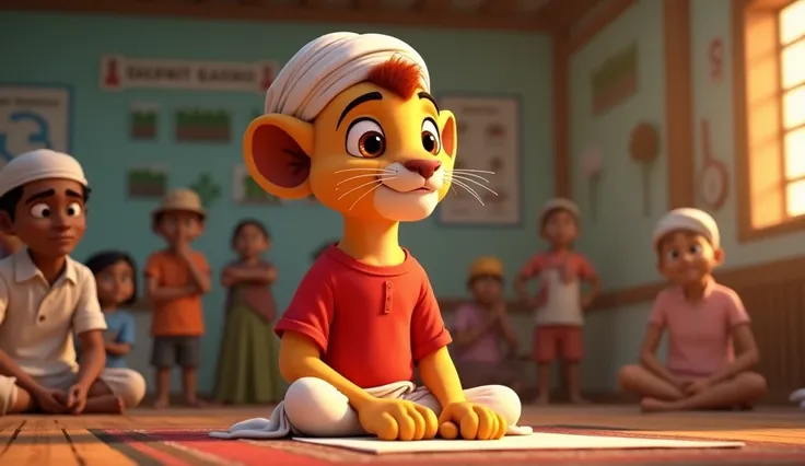 Sheroo was a little lion cub 3d pixar style
Clothing-red t-shirt and white dhoti& mathe par white pagdi
शेरू एक छोटे से शहर के सभागार में बैठा है, जहाँ खेती पर वर्कशॉप चल रही है। वर्कशॉप में एक प्रशिक्षक खेती के नए तरीकों के बारे में बता रहे हैं, जैसे जैवि...