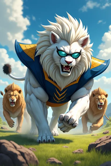 White lion with black hair and Vegeta armor with black glasses and earrings in his ears Japanese anime art Running with a pack