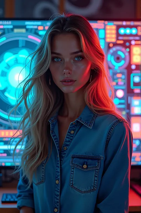 Woman with long hair and denim shirt in front of a comic book style computer 