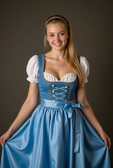  Realistic upper body portrait of a young Swedish blond woman aged 23 with a ponytail, hairband, smile. She poses in front of the camera in a blue dirndl with a satin apron..., Oktoberfest,glamour fotoshooting, Wedding celebration,   perfect anatomy ]]],  ...