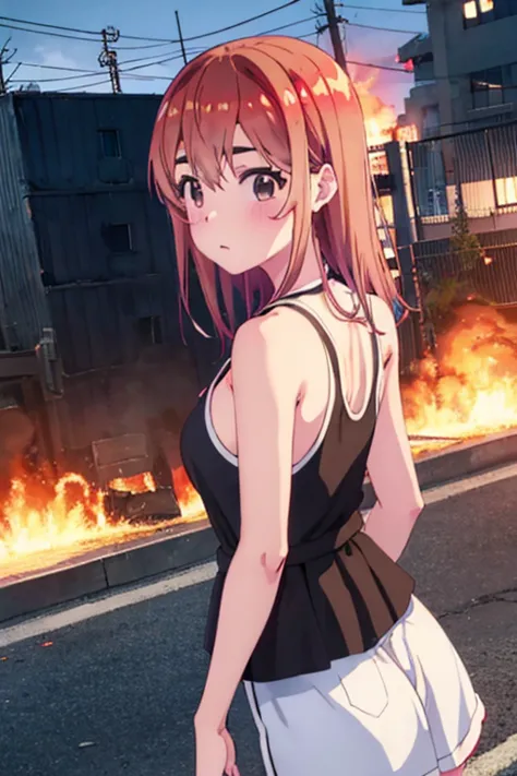 Sumi Sakurasawa、holding hundgun、at night、fence、1 girl、 cleavage、 Black Tank Top、 sexy black shorts、Turn around and show your butt、Infiltrate a military base、Military base exploding in flames、The building is on fire