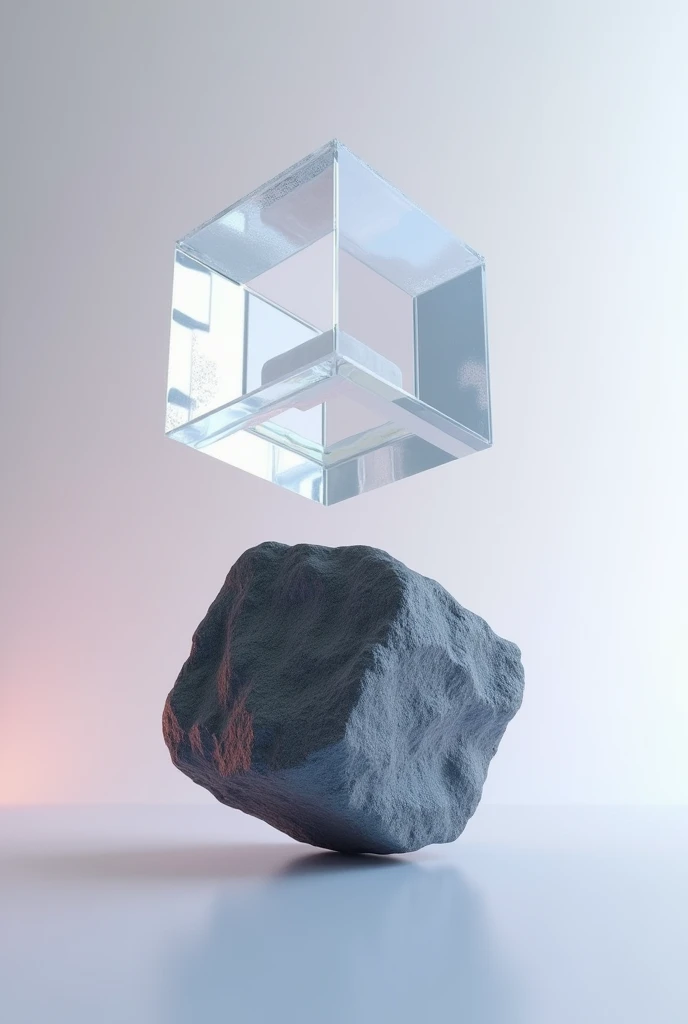 - duality between a separate white glass cube and a dark gray rock cube
- Gradient background
- Flying