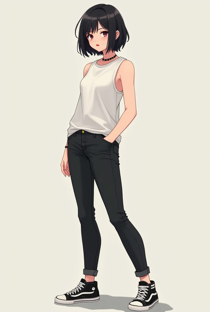 24-year-old woman with short black hair,  full lips painted red , softly made-up , sleeveless t-shirt dress and black jeans ,  black and white canvas sneakers.  anime style 